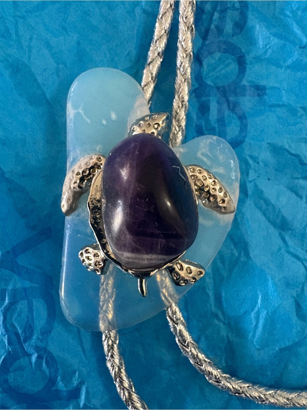 Silver Turtle Pendant Necklace with Purple Gemstone Bolo Tie